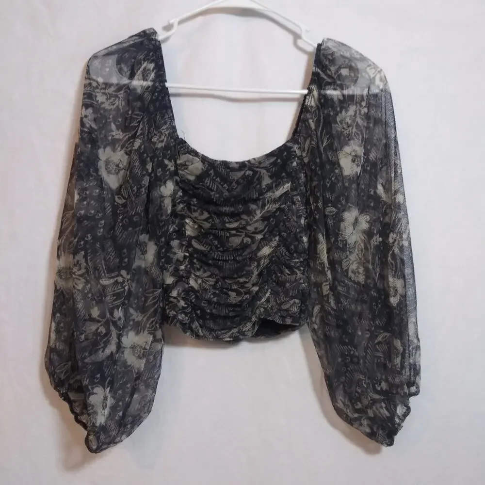 Free People Lilia Top Peasant Smocked Crop Sheer Sleeves Size XS